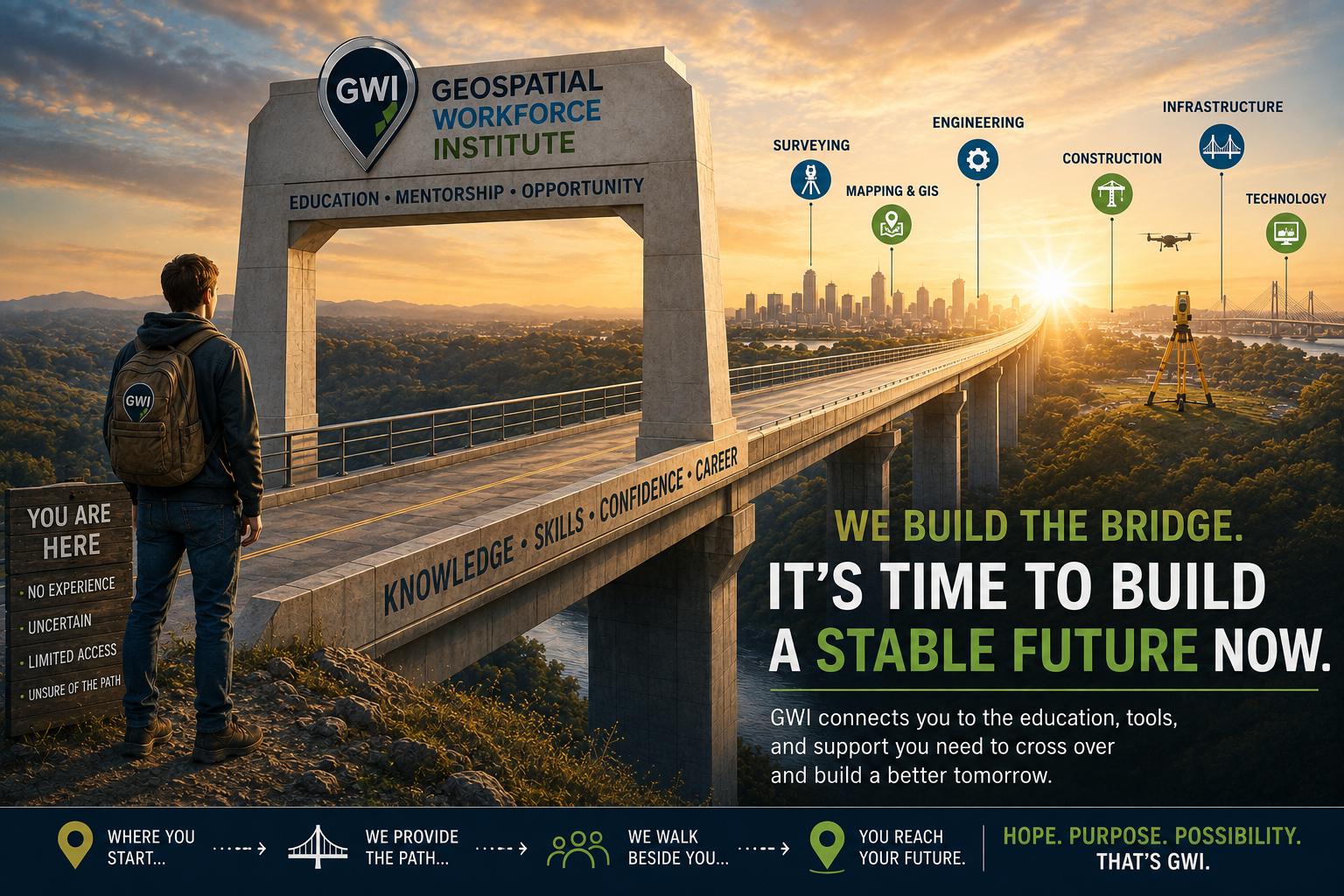 A person at the beginning of a GWI bridge leading toward careers in surveying, mapping and GIS, engineering, construction, infrastructure, and technology.